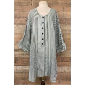 Flax Striped Lt Blue Woven Linen Tunic Dress Size 1G Lagenlook